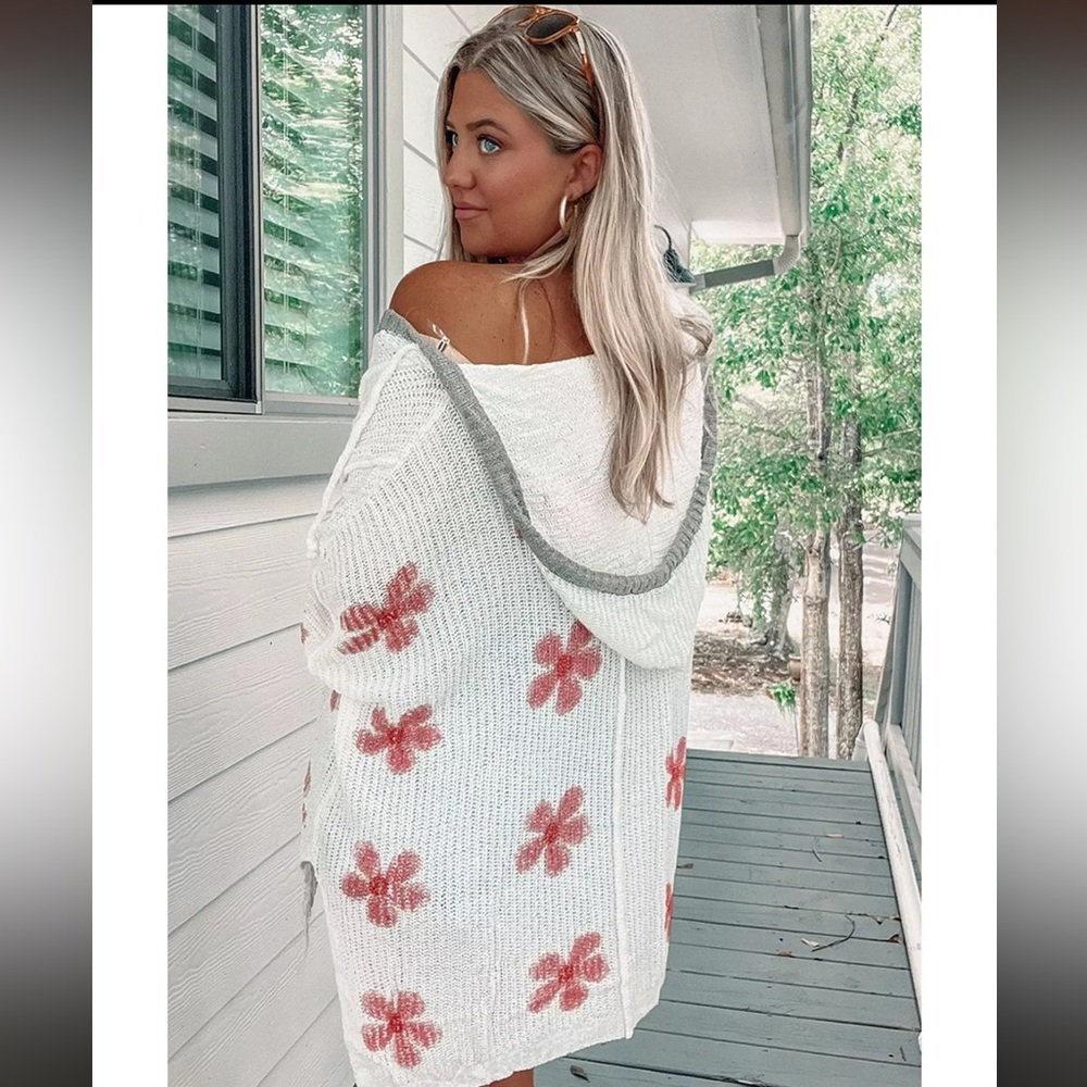 POL  Daisy Flower Print V Neck‎ Lightweight Hoodie Sweater Very Oversized - Picture 8 of 12